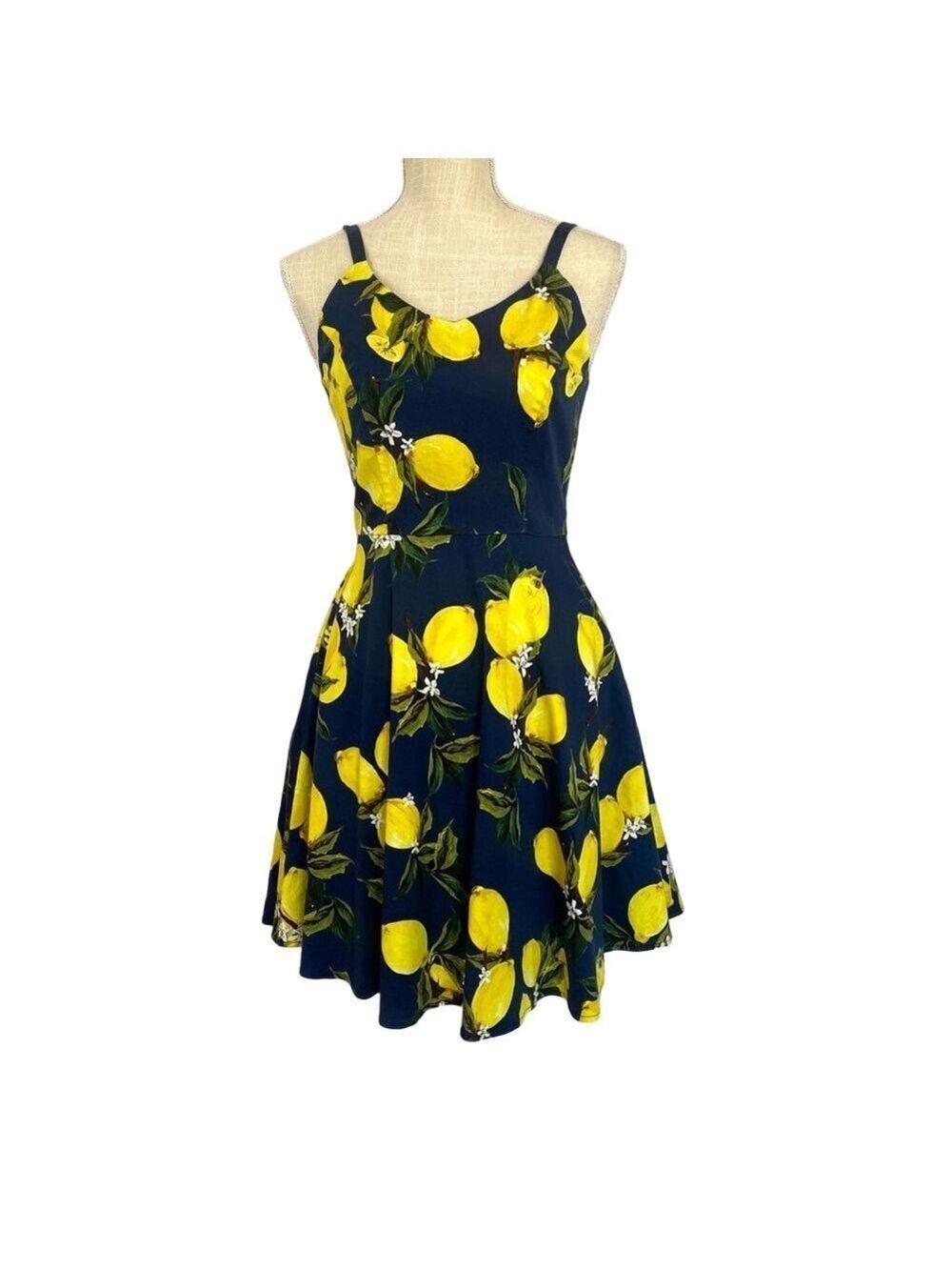 Lemon Print Navy Dress Mini Women's M Goobsgs Fit & Flare Spaghetti Straps Retro